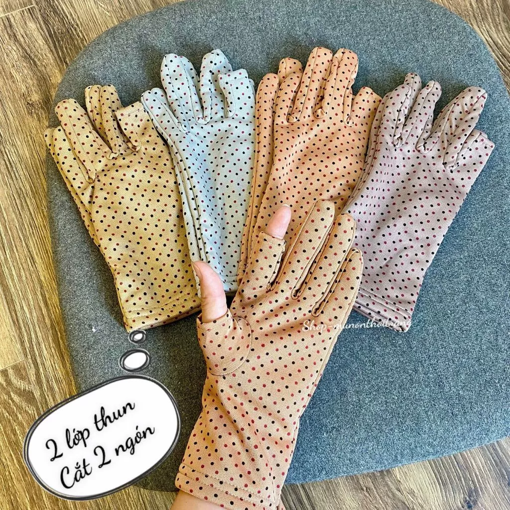 Găng tay chống nắng, bao tay nữ họa tiết chấm bi nhiều màu, 2 lớp vải thun lạnh dài 25cm
