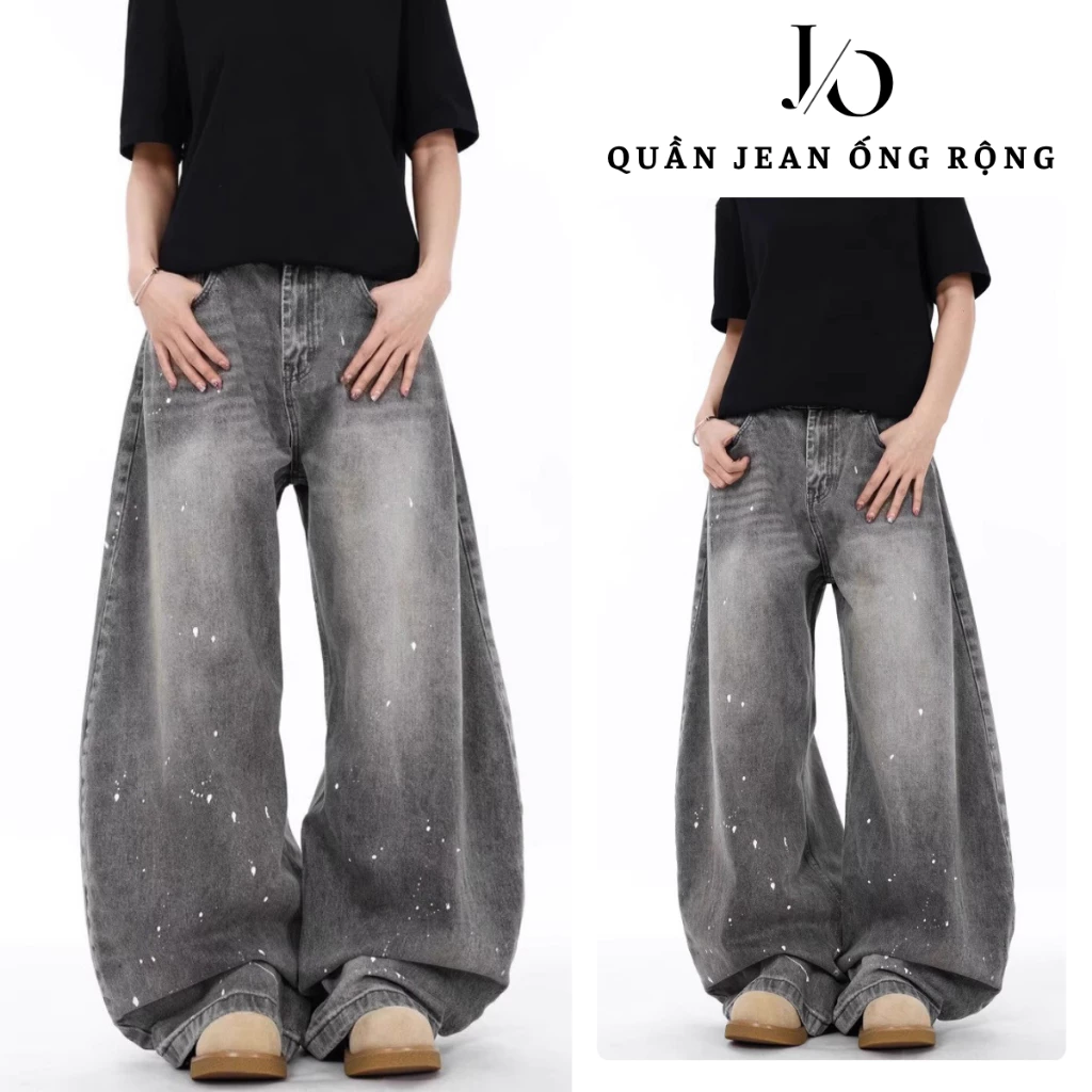 Quần Jean Nam Xám Wash Vảy Sơn Suông Ống Rộng 33CM Lưng Cao Quần Jean Denim Unisex BIGSIZE Phong Cách Năng Động
