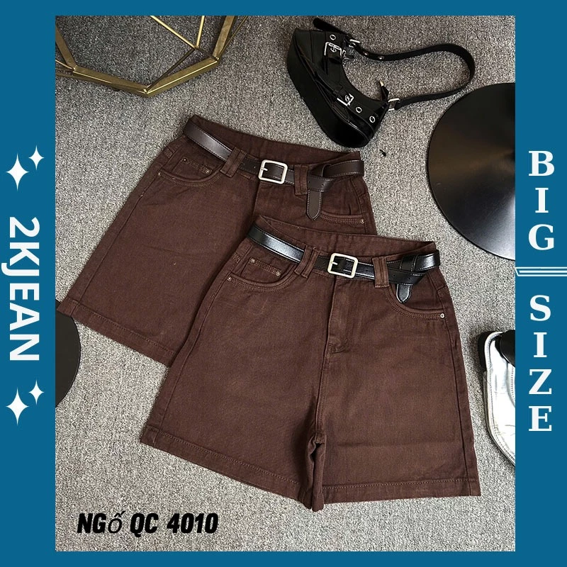 Quần short ngố jean nữ trơn màu nâu bigsize 55-85kg, hàng QC quần ngố lửng trơn cạp cao QC4010 2KJeans