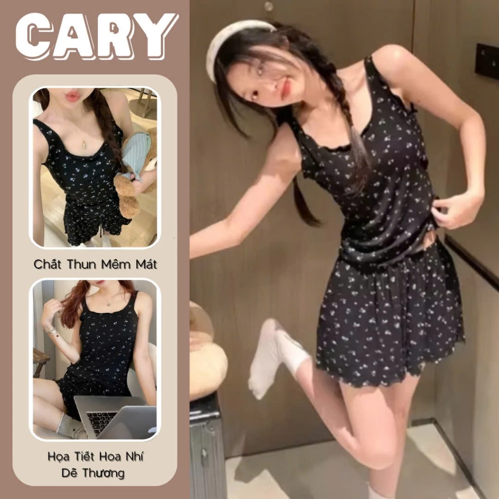 Bộ đồ ngủ mặc nhà áo hai dây phối quần short chất thun tăm mềm mát họa tiết hoa nhí dễ thương bigsize CARY