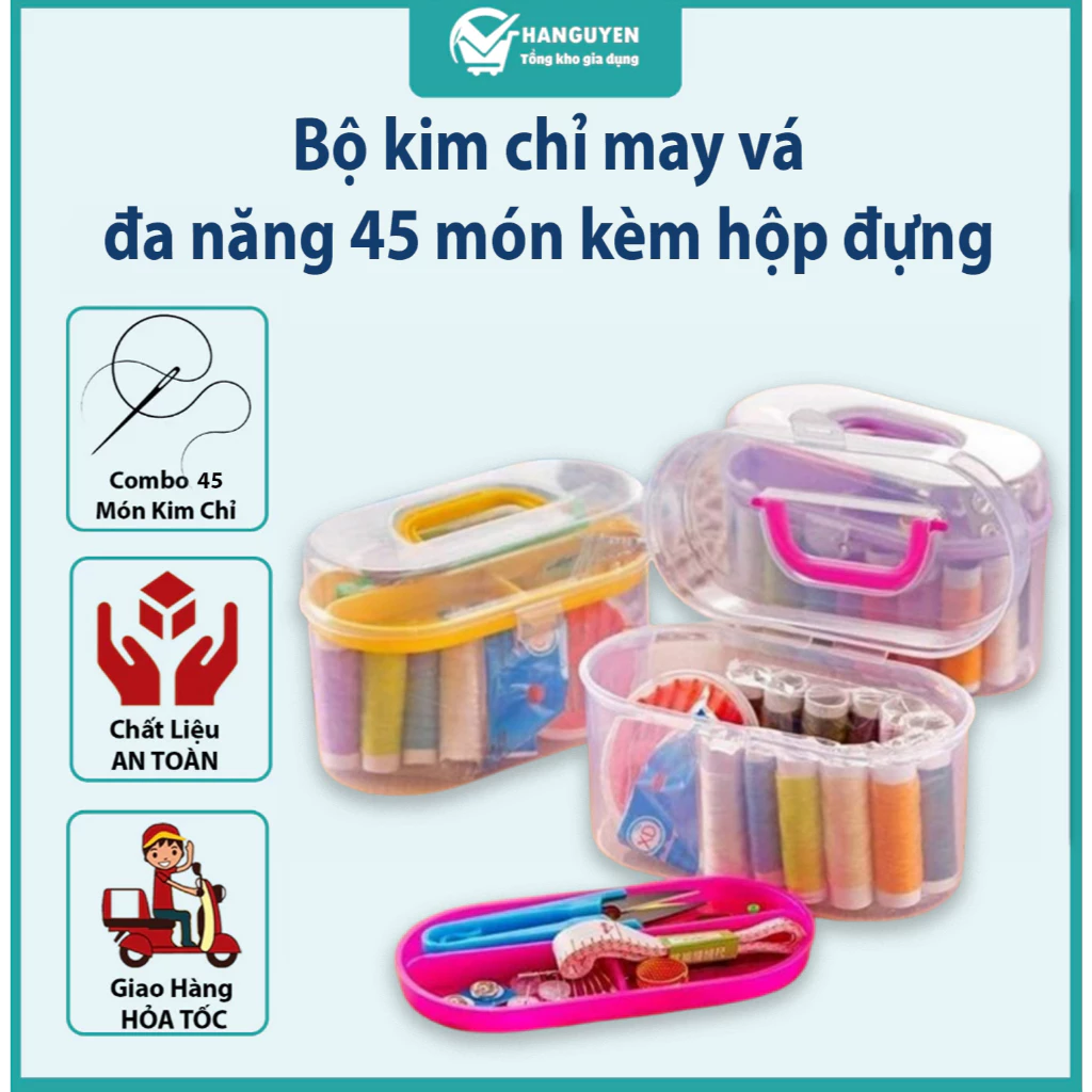 Bộ kim chỉ may vá đa năng 45 món kèm hộp đựng trong suốt tiện lợi #A113