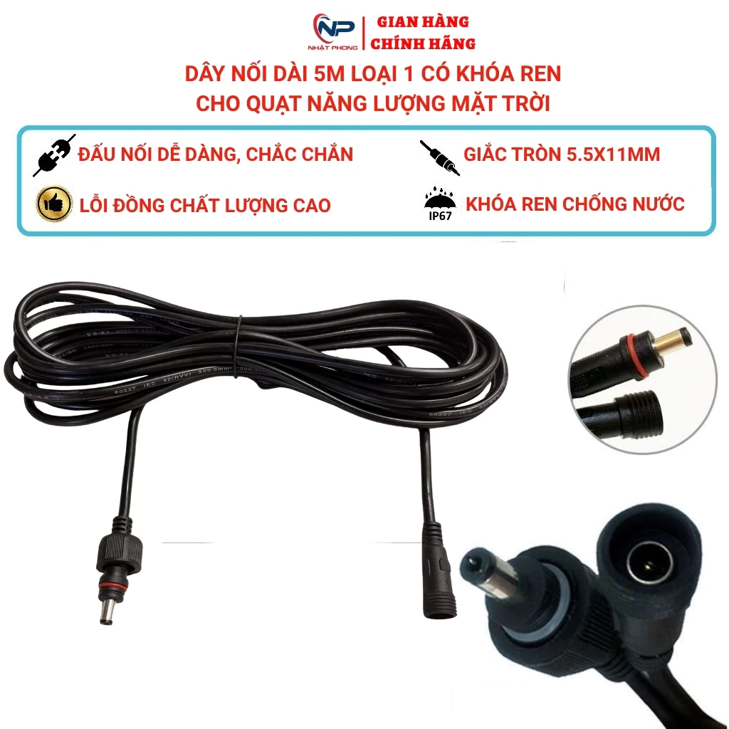 Dây nối  quạt năng lượng mặt trời quạt tích điện  dài 5m SHOP NHẬT PHONG giắc tròn 5.5x11 sẵn khớp nối chống nước IP67