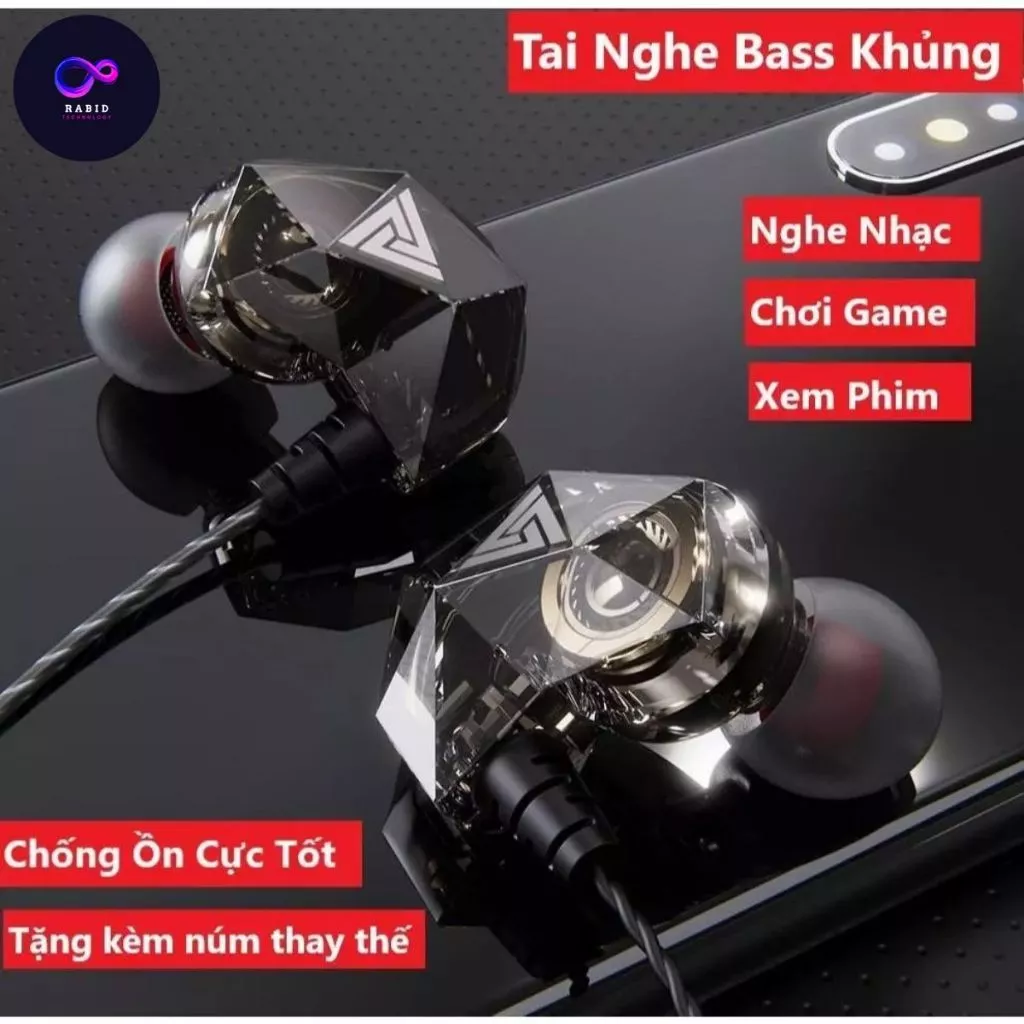 Tai Nghe Phone Nghe Nhạc Chơi Game Rabicd Tech QKZ AK2 Pro 2025 Âm Thanh Super Bass, Dây Chống Rối, Có Mic Đàm Thoại