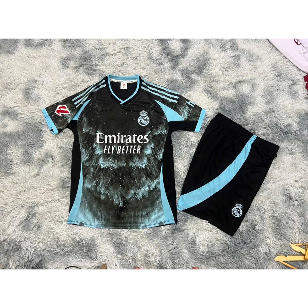 Bộ Quần Áo Đá Banh Real Xanh đen loang 2025 (Nhận In Tên Số) Thun Mè Cao Cấp Logo Thêu Nam Nữ Top Sport