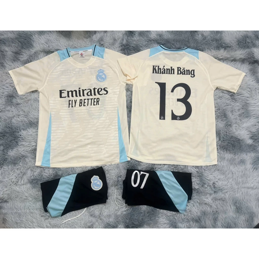 Bộ Quần Áo Đá Banh Real kem xanh 2025 (Nhận In Tên Số) Thun Mè Cao Cấp Logo Thêu Nam Nữ Top Sport