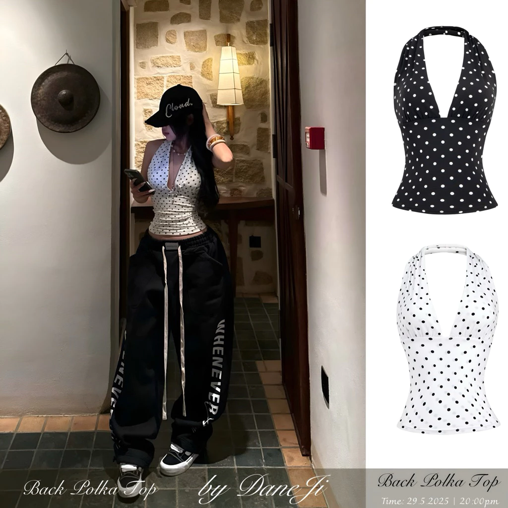 [ 𝐁𝐀𝐂𝐊 𝐏𝐎𝐋𝐊𝐀 𝐓𝐎𝐏 ] Áo hở lưng DANEJI hoạ tiết chấm bi, slimfit siêu chiết eo , 2 Lớp dày dặn, phù hợp daily