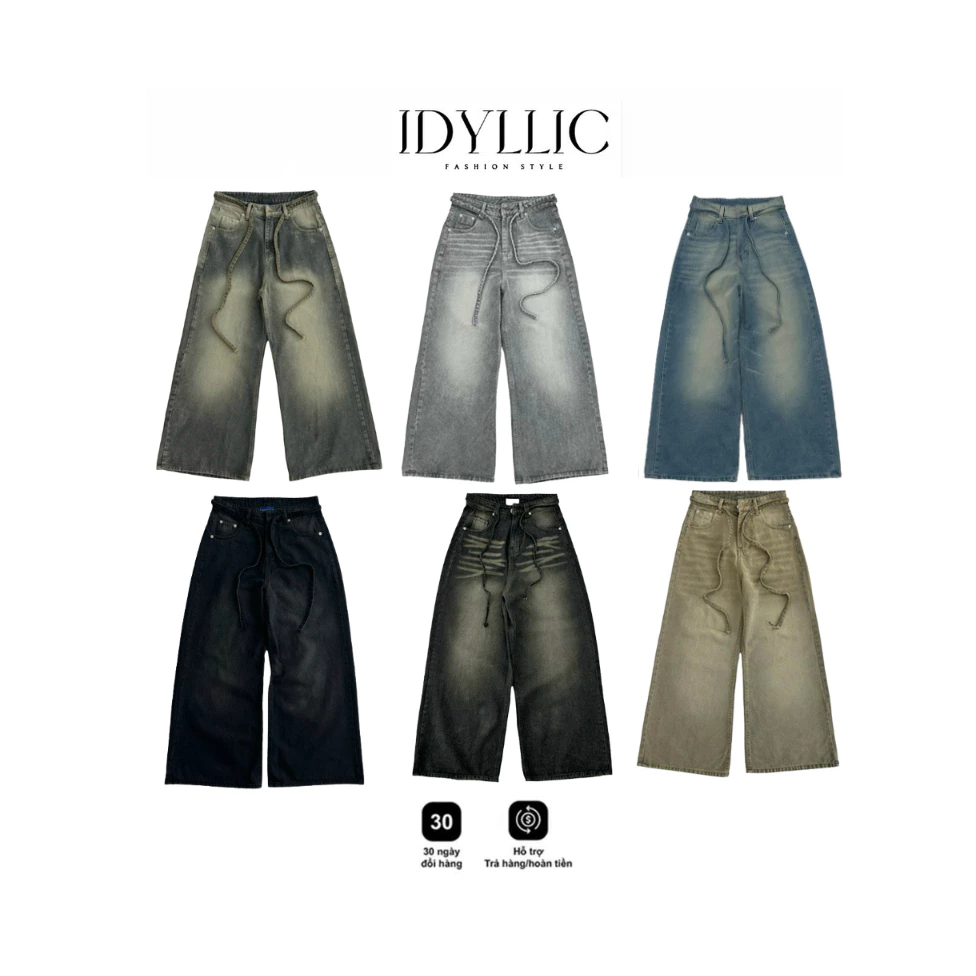Quần Jean Ống Bí Siêu Rộng Phối Dây Nam Nữ che khuyết điểm – Demin đứng form Wash Vintage – IDYLLIC