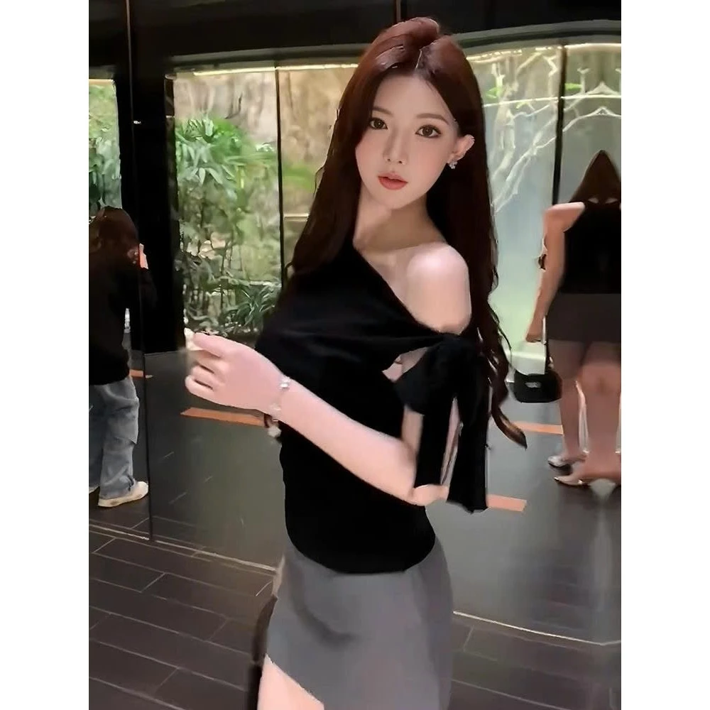 Áo Kiểu Croptop Trễ Vai Kèm Dây Buộc Nơ Nữ Siêu Tôn Dáng