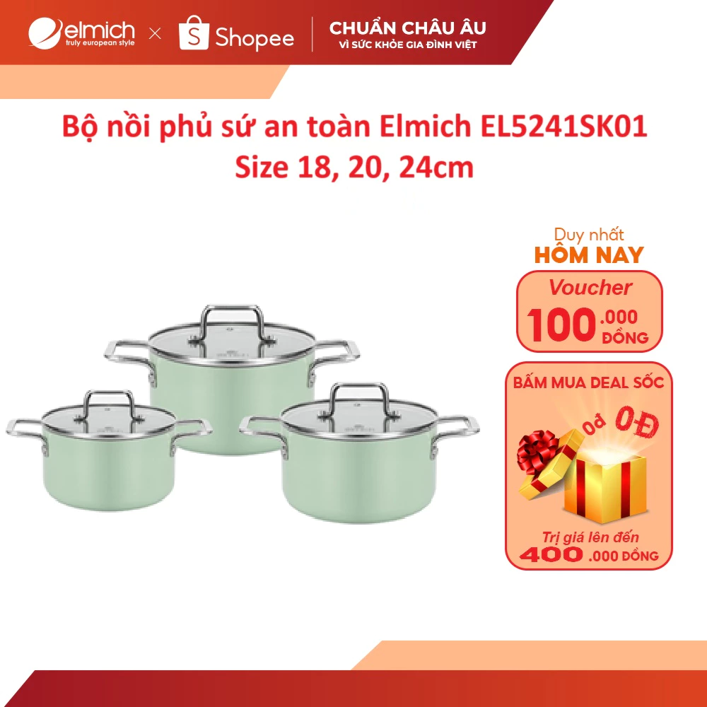 Bộ nồi phủ sứ an toàn Elmich EL5241SK01 Size 18, 20, 24cm
