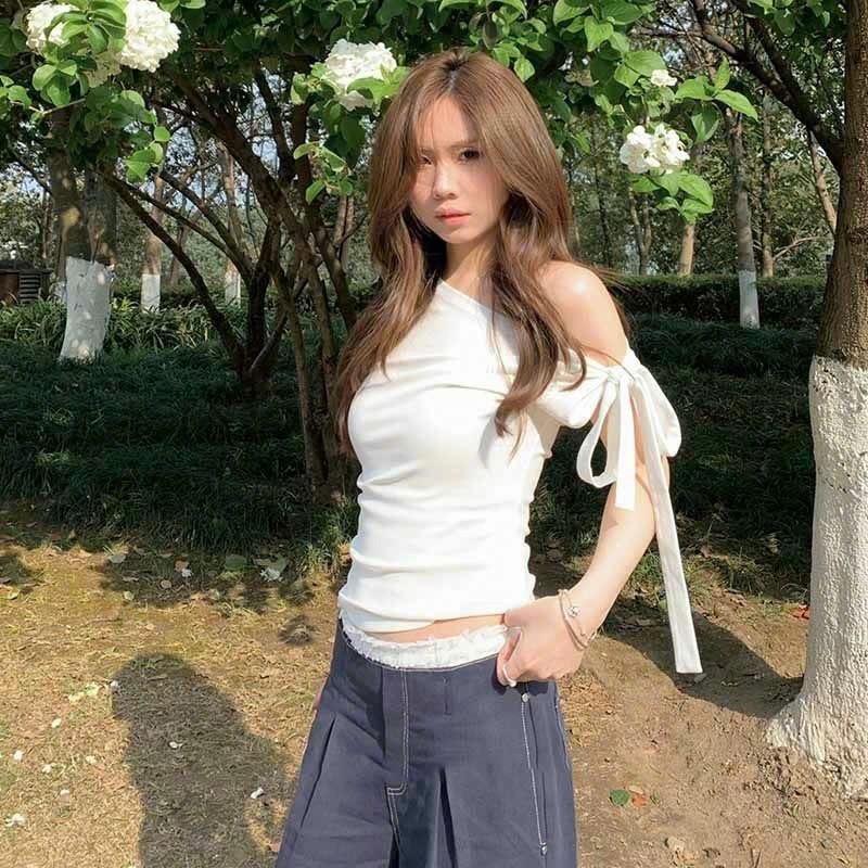 Áo Kiểu Croptop Trễ Vai Kèm Dây Buộc Nơ Nữ Siêu Tôn Dáng