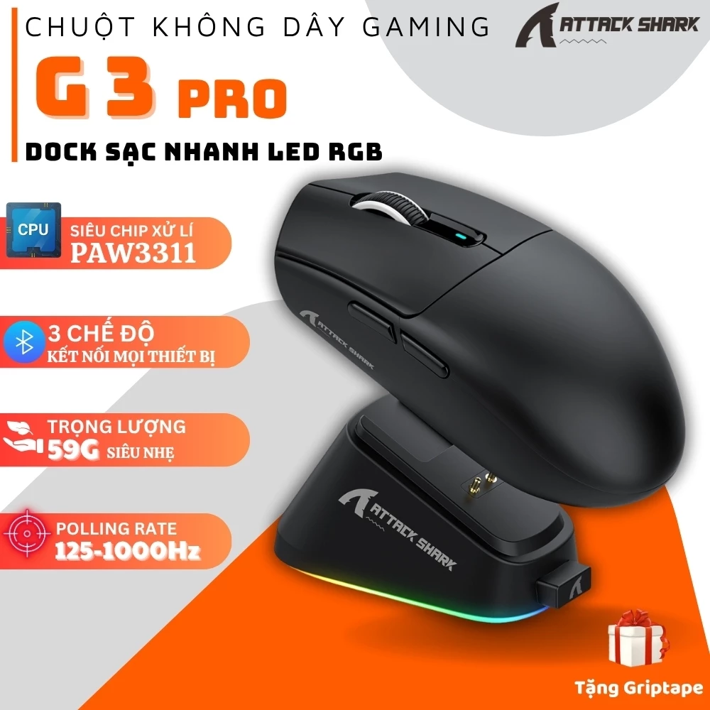 Chuột Gaming Attack Shark G3 PRO - Không Dây 3 Chế Độ, PAW3311, 25.000 DPI, Switch Omron, Dock RGB