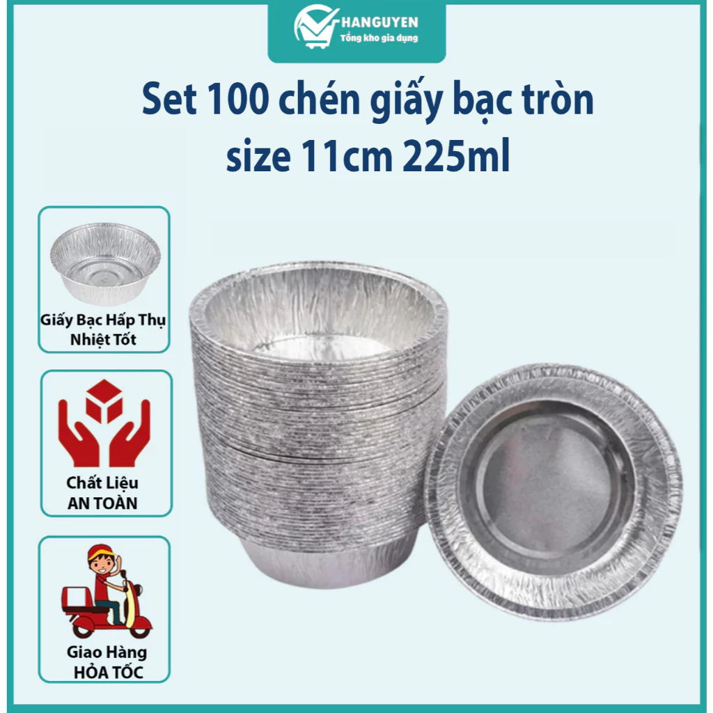 Set 100 chiếc chén giấy bạc size 11cm tròn nướng bánh, nướng trứng không nắp 225ml