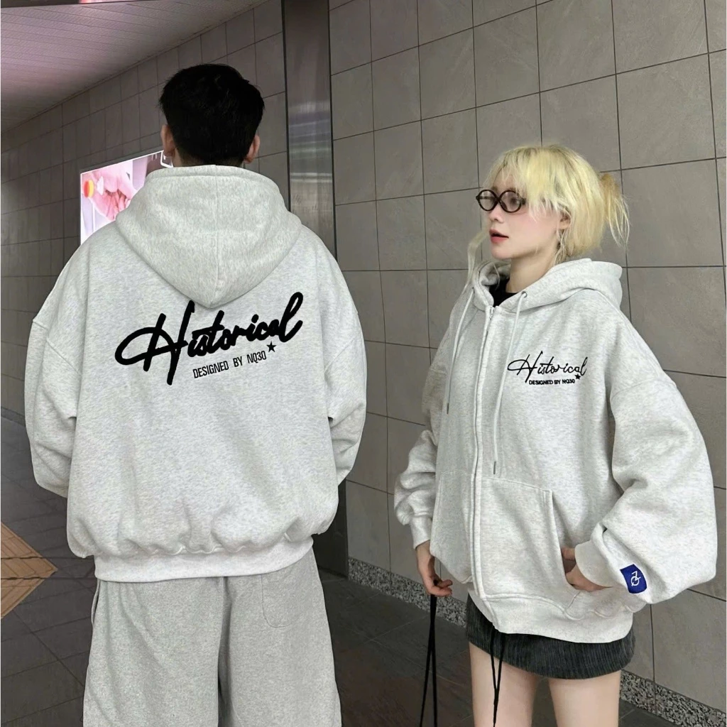 Áo Khoác Hoodie Unisex Nỉ Bông Thêu Chữ Historical  Form Rộng Unisex Nam Nữ  Áo Hoodie Có Nón Túi Phong Cách Hàn Quốc