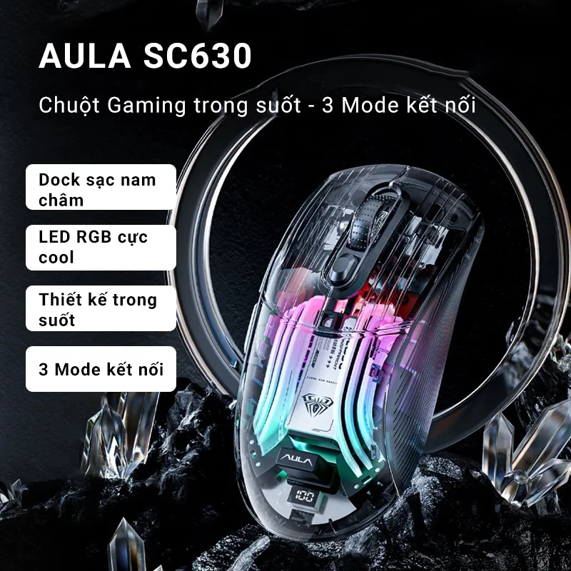 Chuột máy tính AULA SC630 - 3 Mode kết nối LED RGB - Vỏ trong suốt cực đẹp mắt - Chính hãng AULA