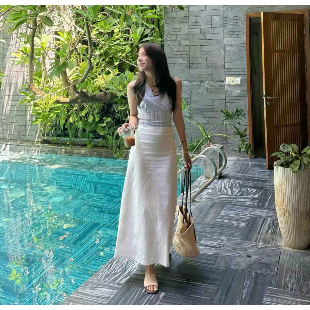 V32-{SANSAN}-Chân Váy Linen Dáng Xuông Có Xẻ Sau-Nhẹ Nhàng, Thanh Lịch