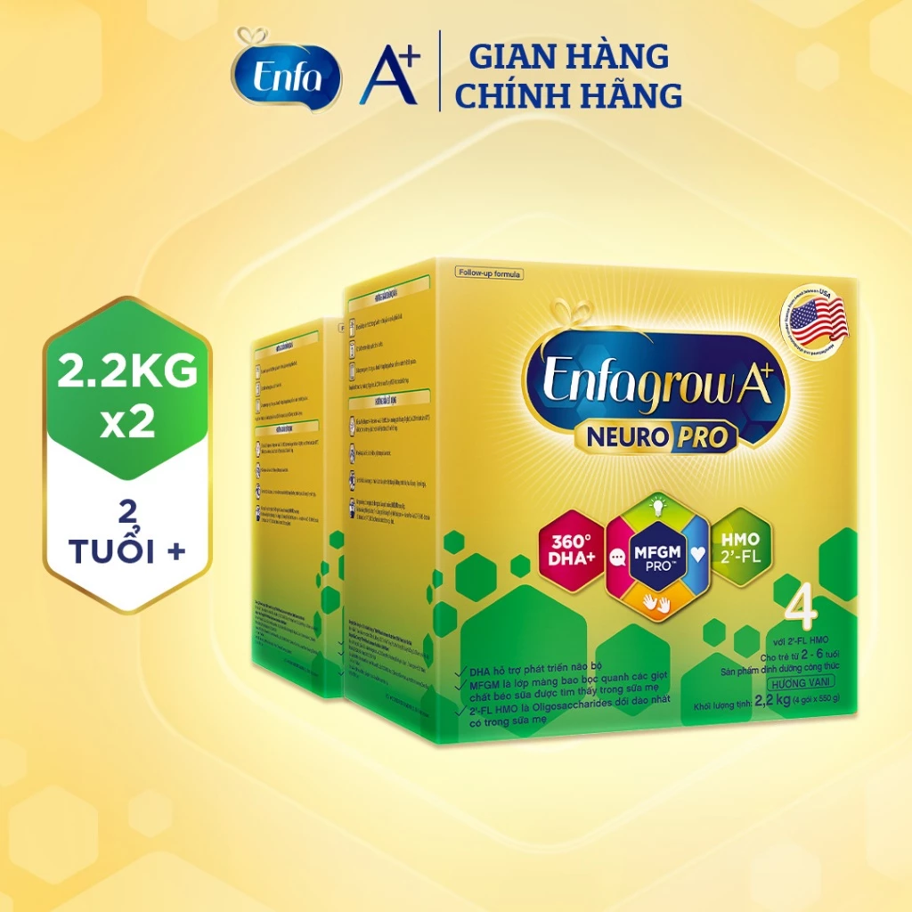 Bộ 2 hộp sữa bột Enfagrow A+ Neuropro 4 với DHA giúp phát triển não bộ cho trẻ từ 2–6 tuổi– 2.2kg/hộp