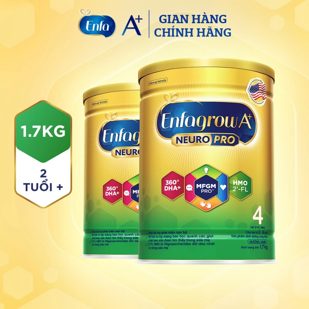 Bộ 2 lon sữa bột Enfagrow A+ Neuropro 4 với DHA giúp phát triển não bộ cho trẻ từ 2-6 tuổi - 1.7kg/lon