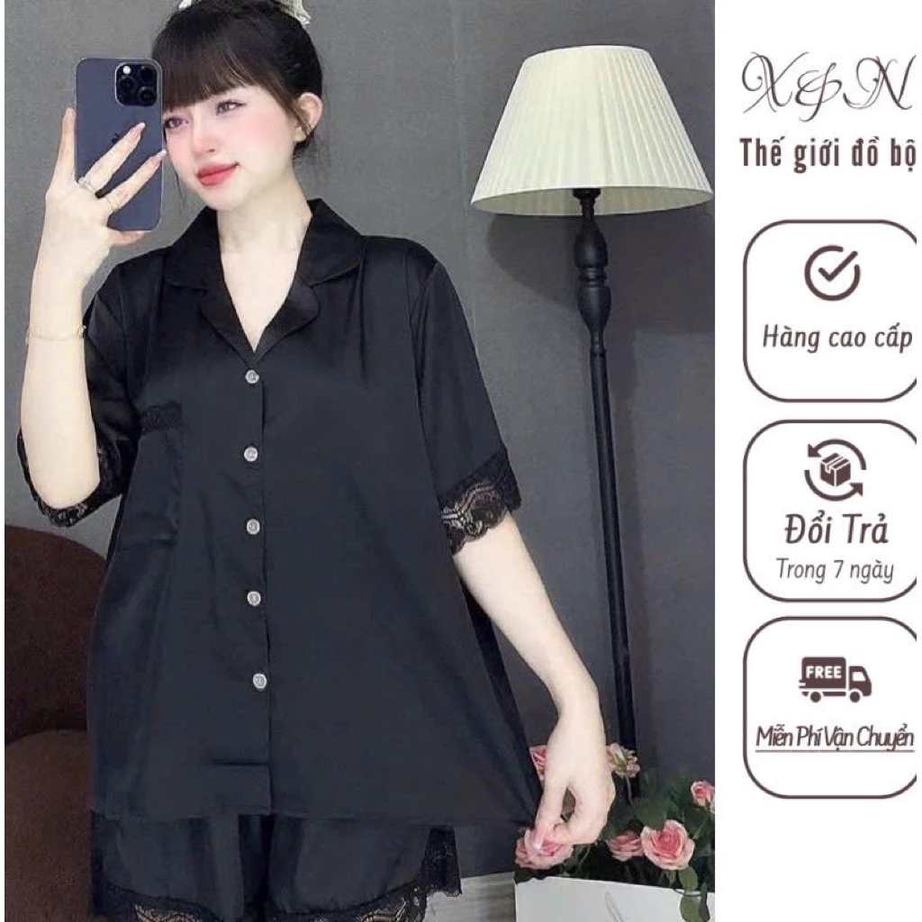 bộ lụa đùi phối ren tiểu thư mặc nhà
