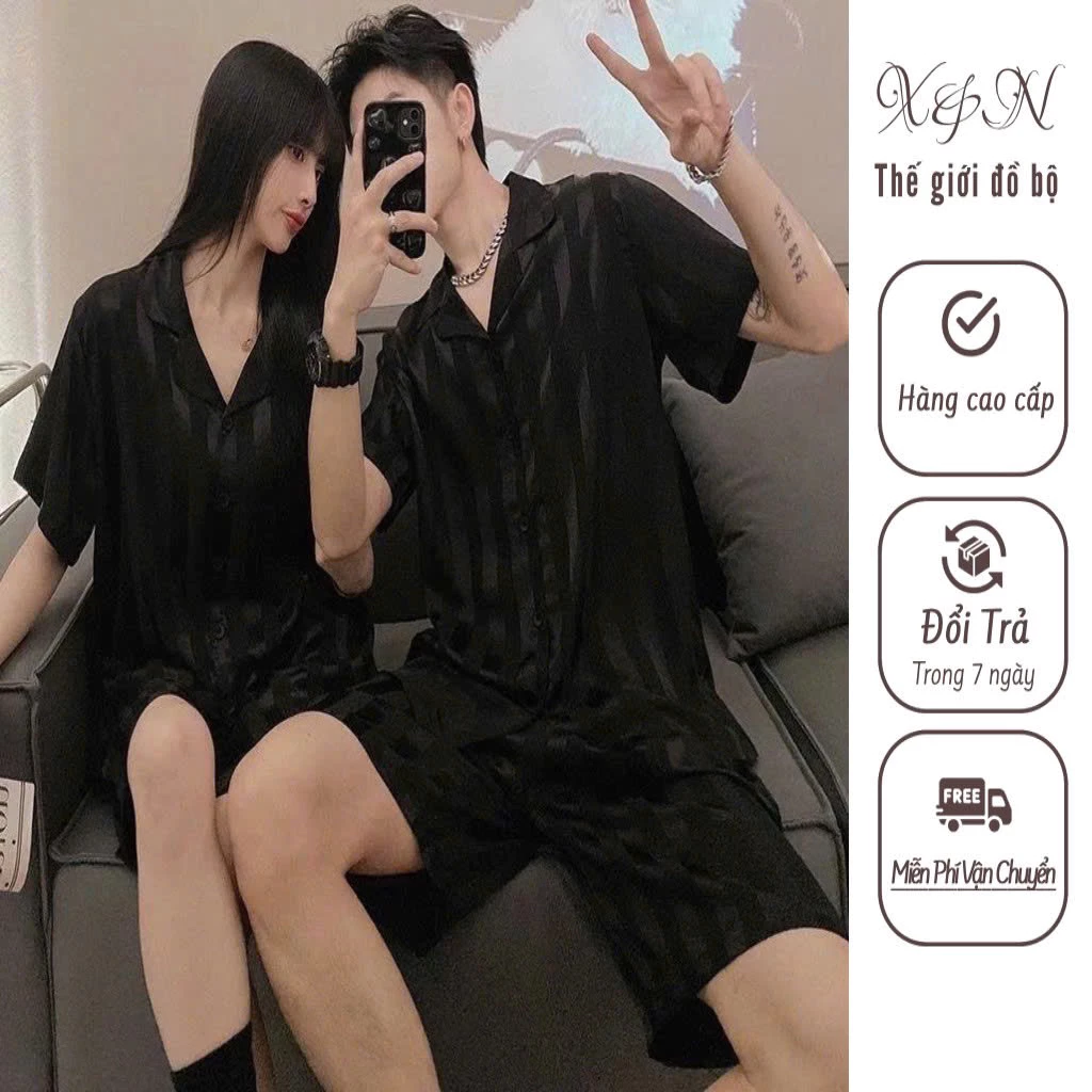 [ DEAL ĐỘC QUYỀN ] Bộ Lụa mặc nhà Đùi Pijama.Sọc đen Nam Nữ chất lụa cao cấp