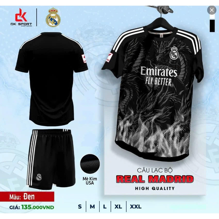 Bộ Quần Áo Đá Banh Real đen (Nhận In Tên Số) Thun Mè Cao Cấp Logo Thêu Nam Nữ Top Sport
