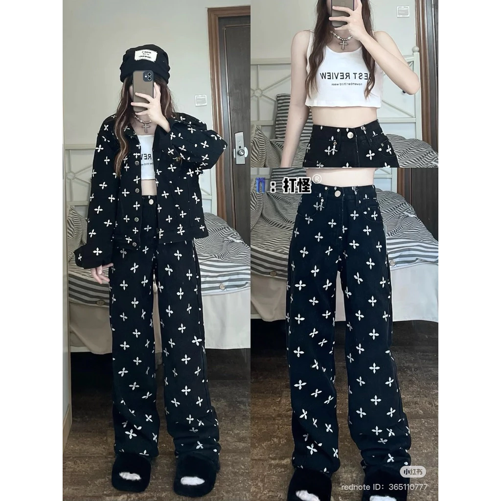 Quần jeans ống rộng in họa tiết chữ thập màu đen xuân thu quần ống đứng cạp cao ôm dáng phong cách cổ điển mới