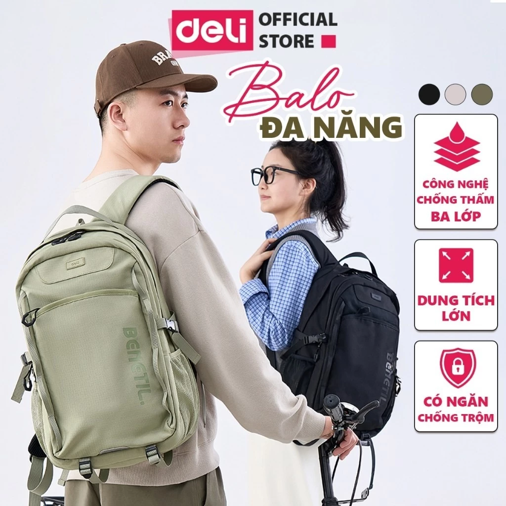 Balo Vải Cao Cấp Deli CHống Thấm Nước, Balo Đi Học/ Du Lịch/ Camping Tiện Lợi Nhiều Ngăn Chứa