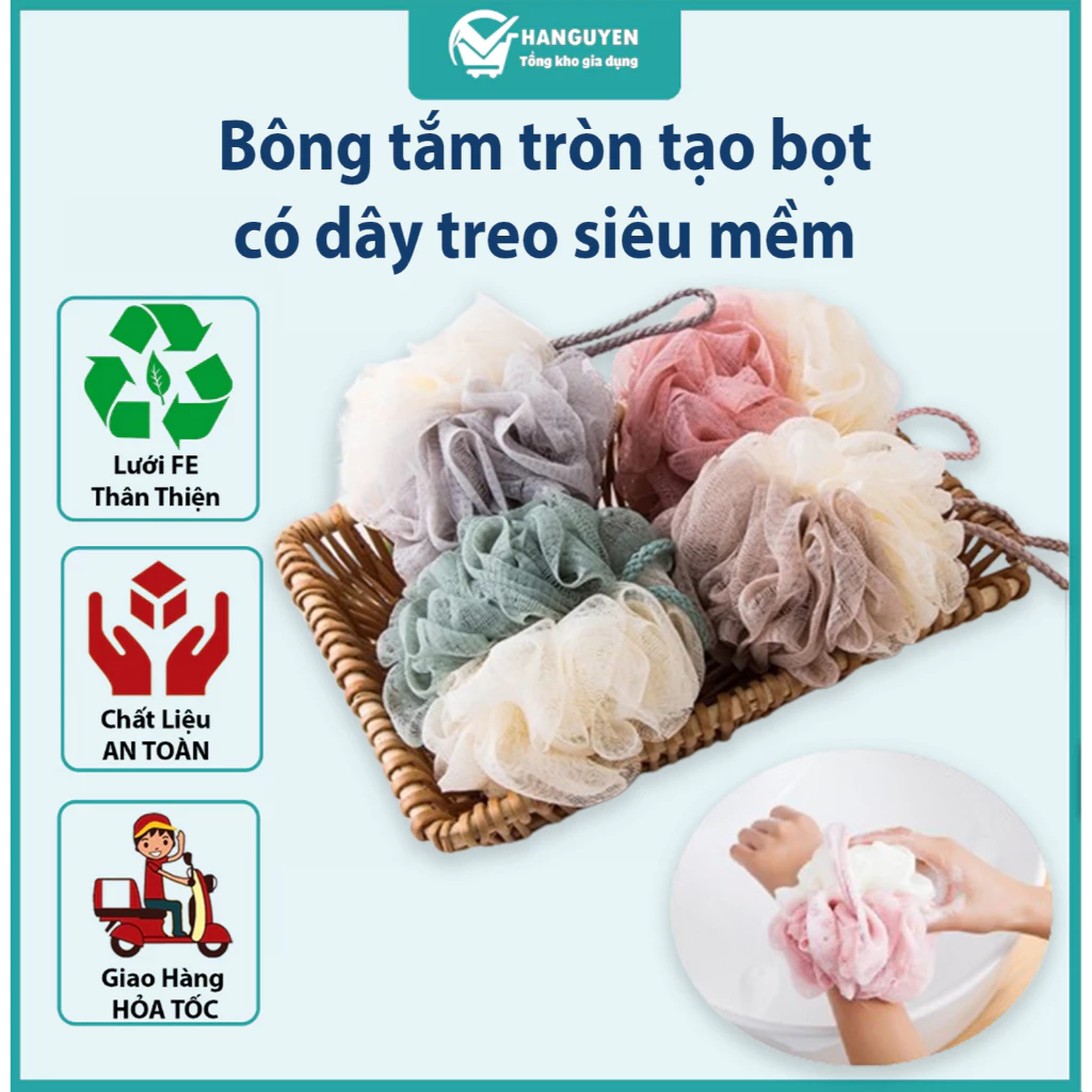 Bông tắm tròn tạo bọt có dây treo siêu mềm cao cấp tẩy tế bào chết 2 màu xuất nhật