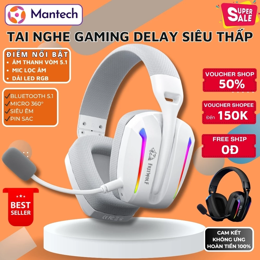 Tai Nghe Gaming Không Dây Free Wolf V10 - Delay Siêu Thấp, Âm Thanh Super Bass, Mic Lọc Ồn, Pin Trâu