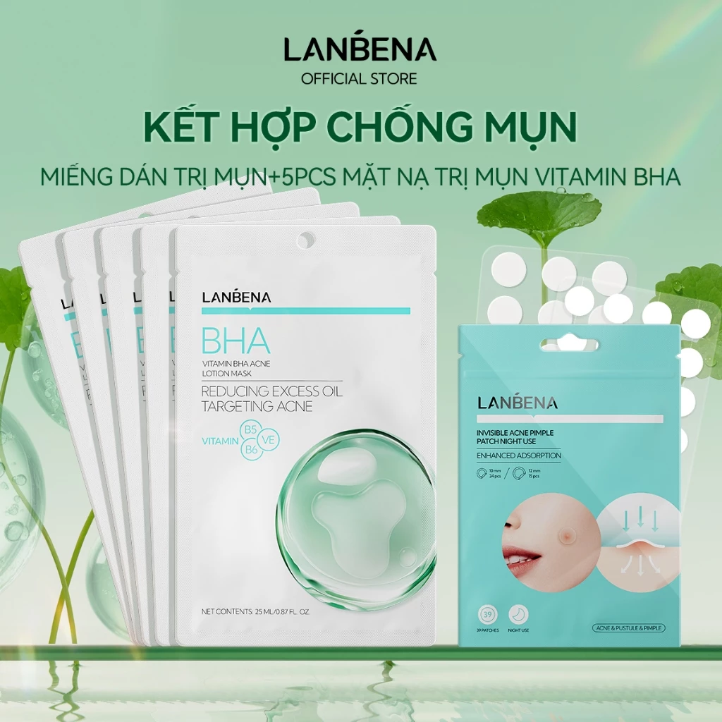 LANBENA Combo mặt nạ BHA và miếng dán mụn - giúp giảm mụn ngày đêm, kiểm soát dầu, phục hồi dưỡng ẩm da mụn Skincare