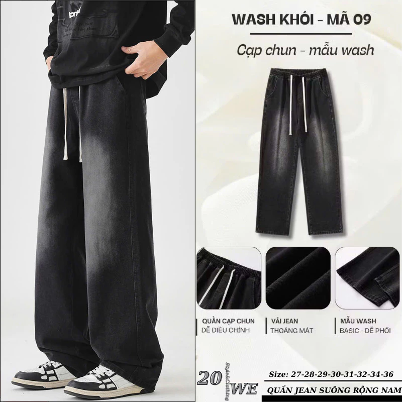 Quần jean nam Đen Wash CẠP CHUN ống rộng QC01 Dáng Baggy Suông màu Xám Chun Đen Smoke V1 Chỉnh Eo chất jean Demin - 20WE