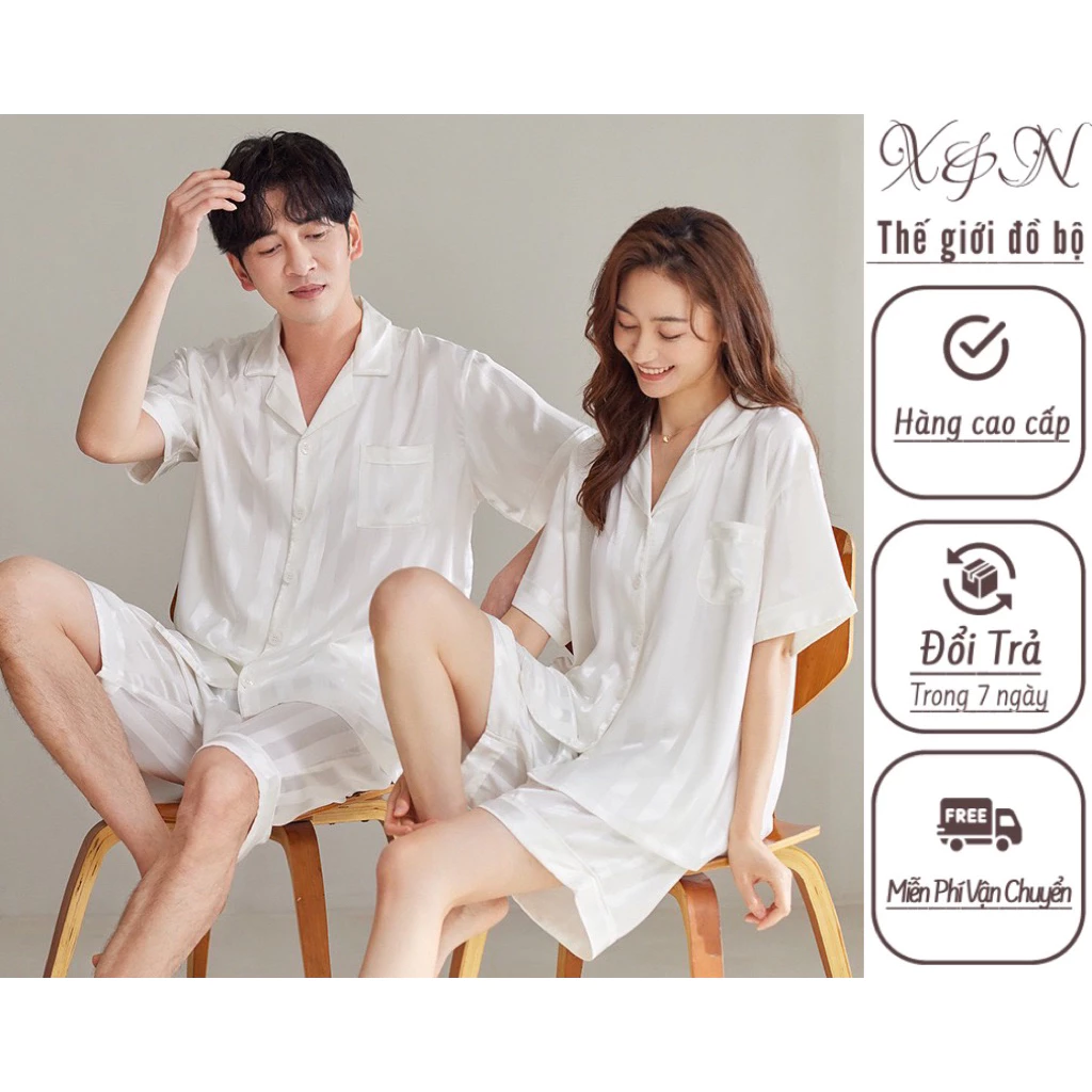 Bộ quần áo ngủ, Bộ Lụa Mặc Nhà Nam Nữ Sọc Trắng Quần Đùi Áo Cộc Chất Lụa Gấm Cao Cấp Size Từ 40-95kg.