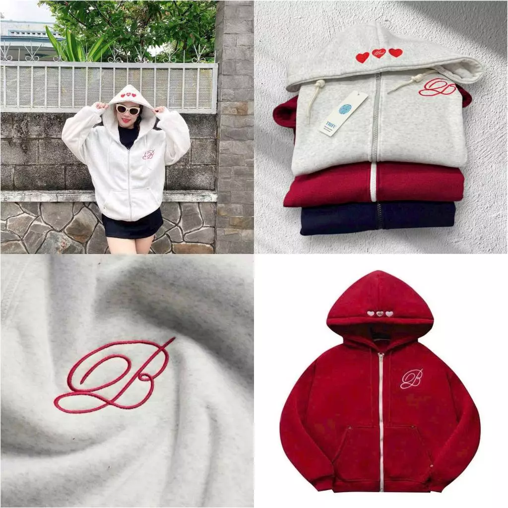 Áo Khoác Hoodie Zip thêu Chữ B kèm trái tim đầu nón Chất Nỉ Bông Dày Dặn Unisex, Áo Hoodie Dây Kéo Zip Nam Nữ