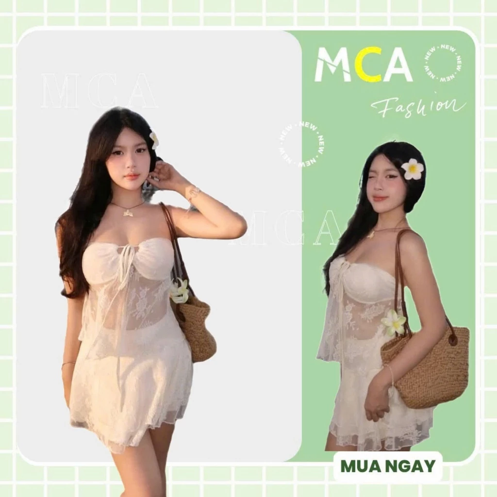 [ Video sp thực tế ]Set BIKINI áo ống ren nhún ngực phối kèm chân váy xoè MCA phong cách đi biển S084