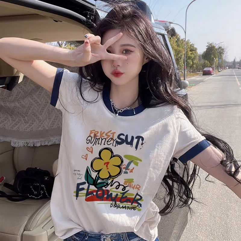 Áo thun nữ ngắn tay phối viền MENINA, áo thun nữ ngắn tay chất cotton in hình thời trang.