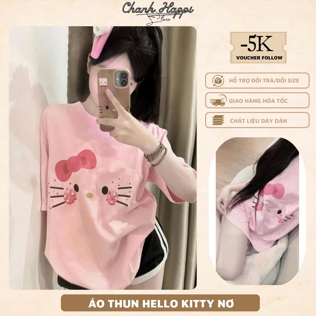 Áo Thun Kitty Nơ Face - Áo phông In Hình nam nữ Form rộng Tay lỡ Unisex 100% Cotton Cao Cấp