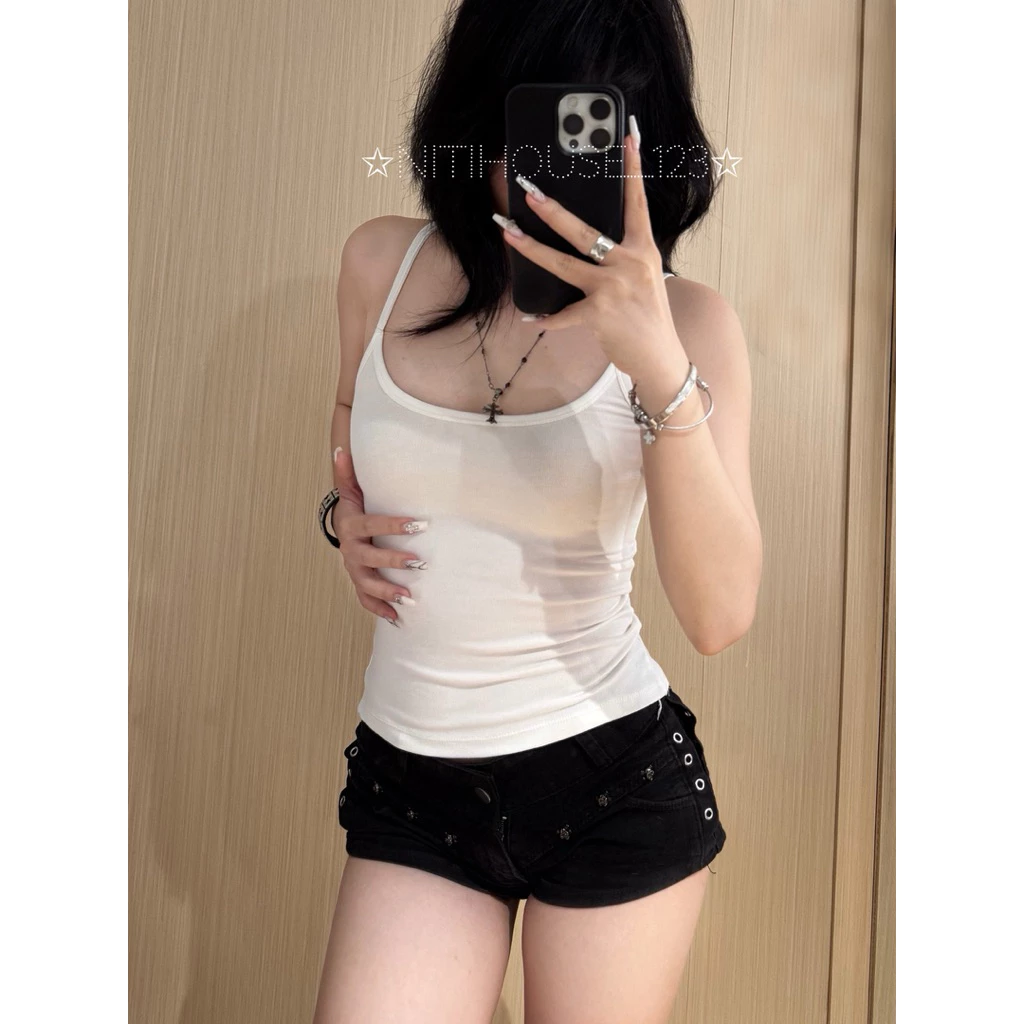 [2D4C] Áo cami 2 dây trơn co giãn 4c cổ chẻ sâu dáng dài