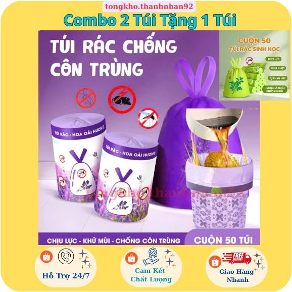 Combo 2 tặng 1 túi đựng rác siêu dai hương ngải cứu xua đuổi ruồi muỗi và côn trùng, có dây rút siêu tiện lợi
