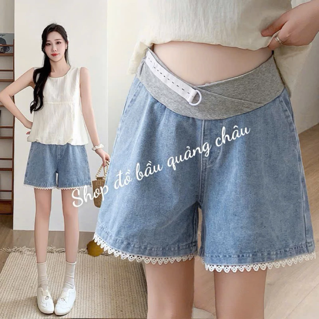Quần short bầu jean mềm cạp thấp, quần jean bầu cải viền ren siêu xinh