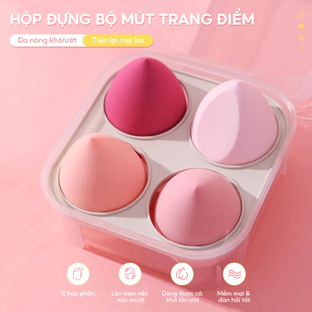 Hộp 4 Mút Trang Điểm, Mút Tán Kem Nền Kèm Hộp Đựng Tiện Dụng