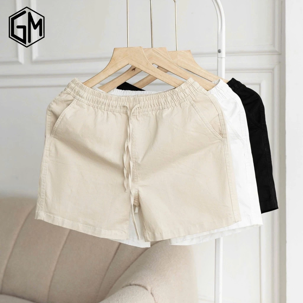 quần shorts kaki nam basic cotton cạp chun dáng cộc trên gối