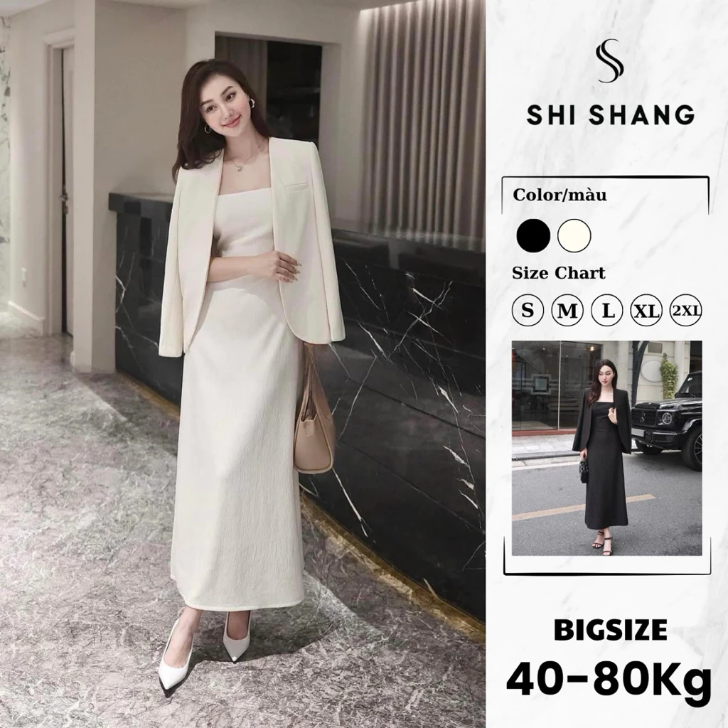 [𝐂𝐚𝐨 𝐜ấ𝐩] Set Áo Blazer kèm váy 2 dây dáng A, Set thiết kế Bigsize cao cấp by Shi Shang