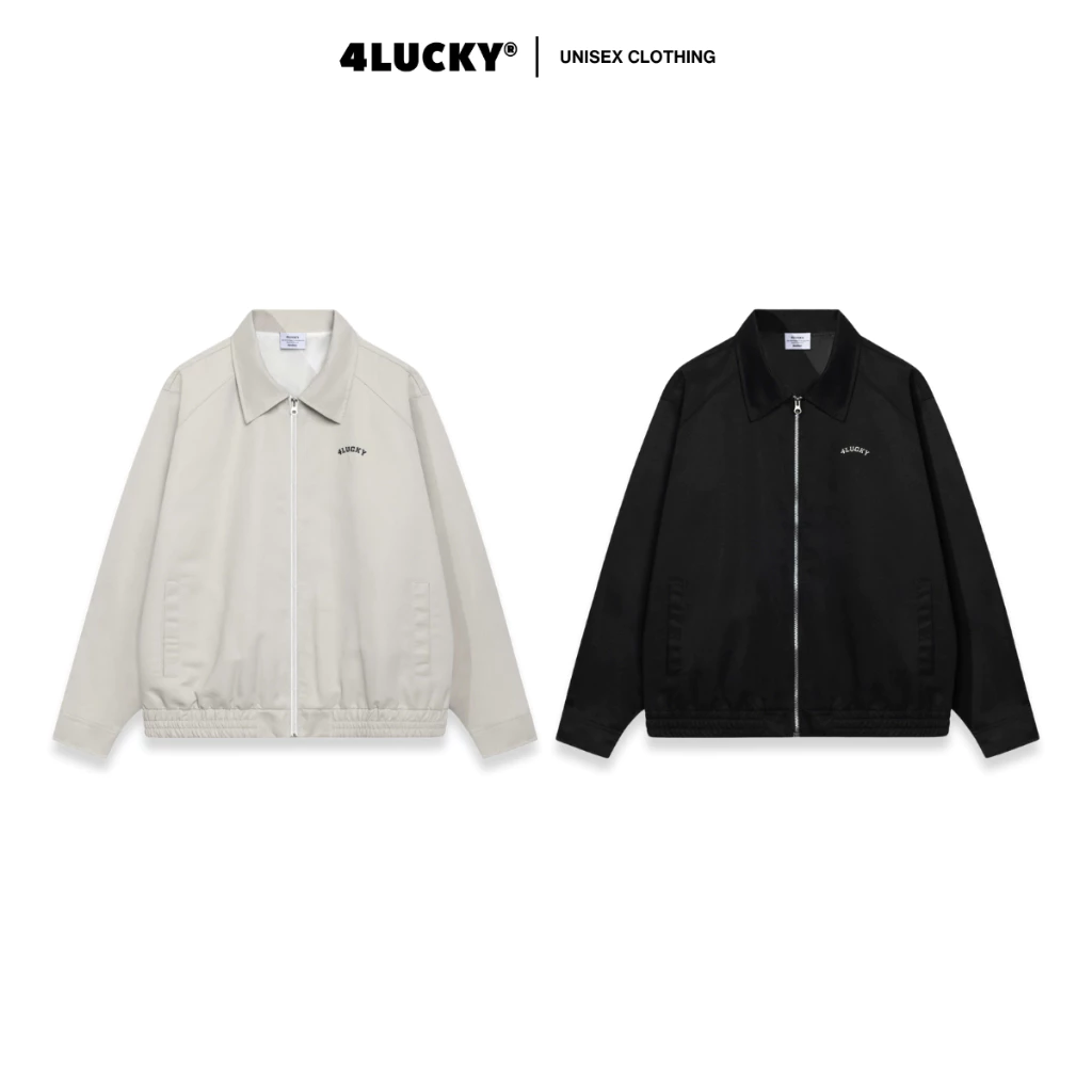 Áo Khoác Kaki Thêu Ngực "4Lucky" Unisex, Áo Khoác Boxy Cổ Bẻ Khóa Kéo Phong Cách Nam Nữ 4Lucky 6154