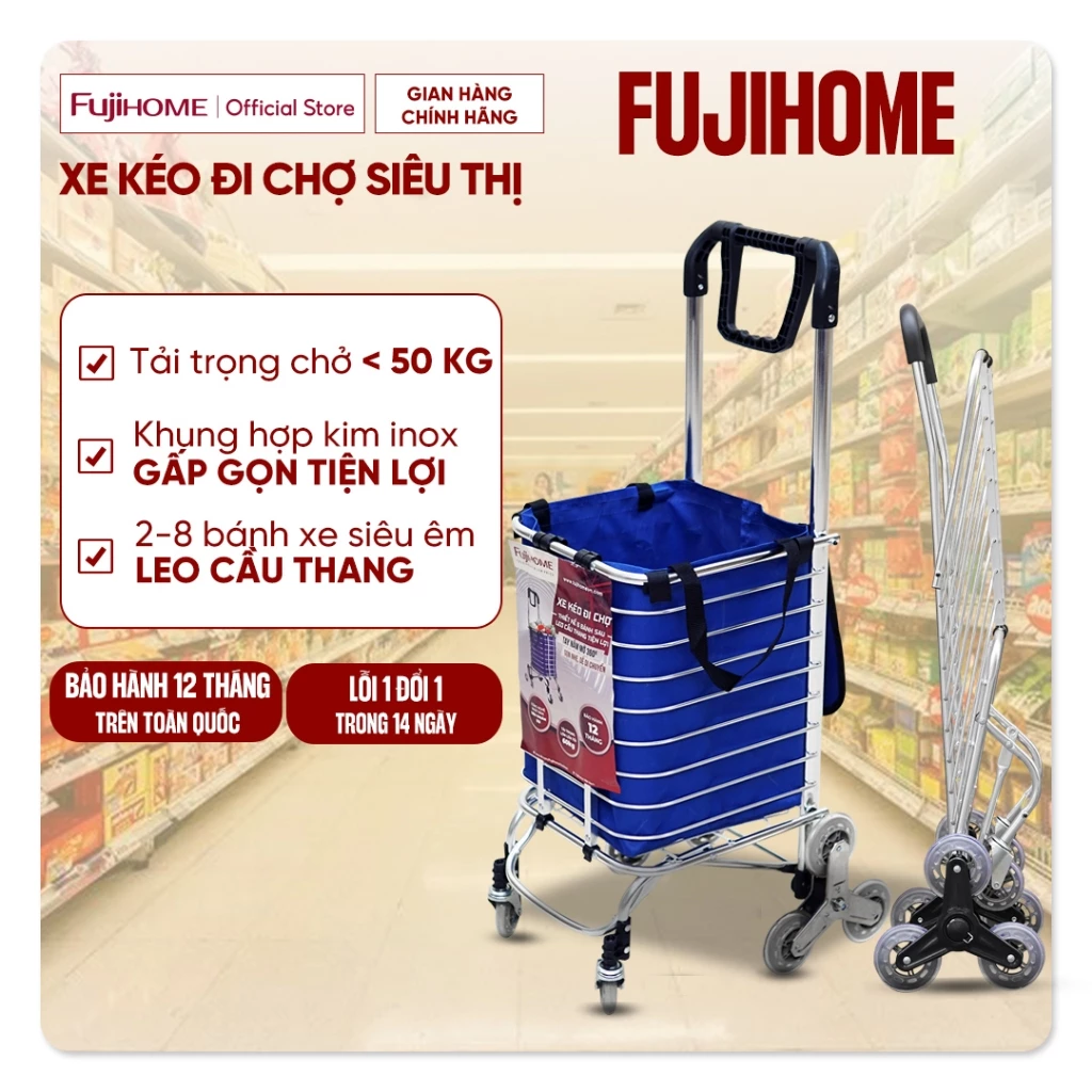 Xe kéo đi chợ leo cầu thang 8 bánh gấp gọn FUJIHOME, xe đẩy có giỏ 2 bánh xếp gọn siêu thị bánh xe siêu êm