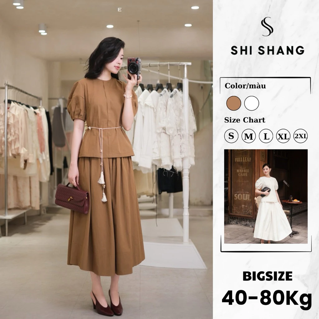 [𝐓Ặ𝐍𝐆 𝐃𝐀̂𝐘 Đ𝐀𝐈] Set áo cổ tròn kèm chân váy xoè thanh lịch, Set thiết kế bigsize by Shi Shang