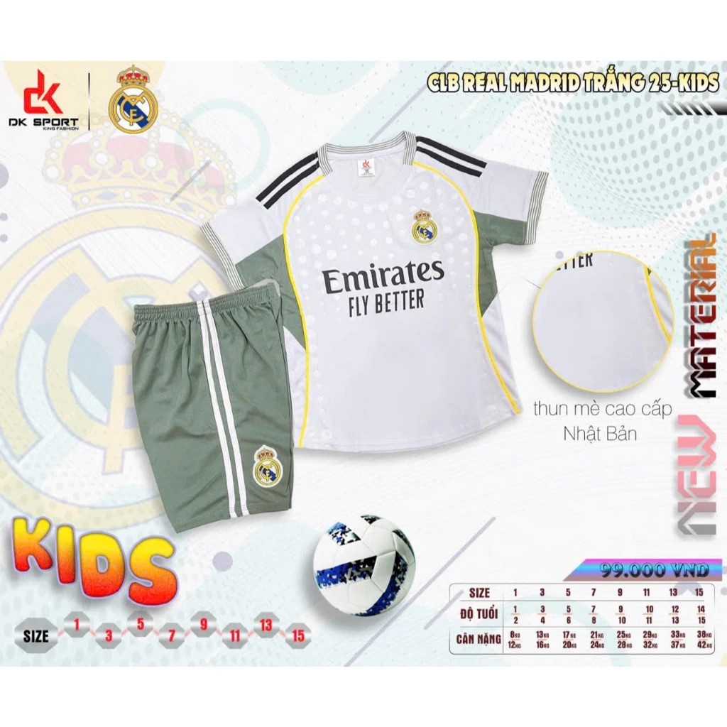 Bộ Quần Áo Đá Banh Real Trắng Trẻ Em (Nhận In Tên Số) Thun Mè Cao Cấp Logo Thêu Kids Top Sport