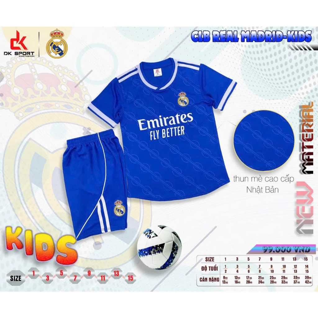 Bộ Quần Áo Đá Banh Real Xanh Bích Trẻ Em (Nhận In Tên Số) Thun Mè Cao Cấp Logo Thêu Kids Top Sport