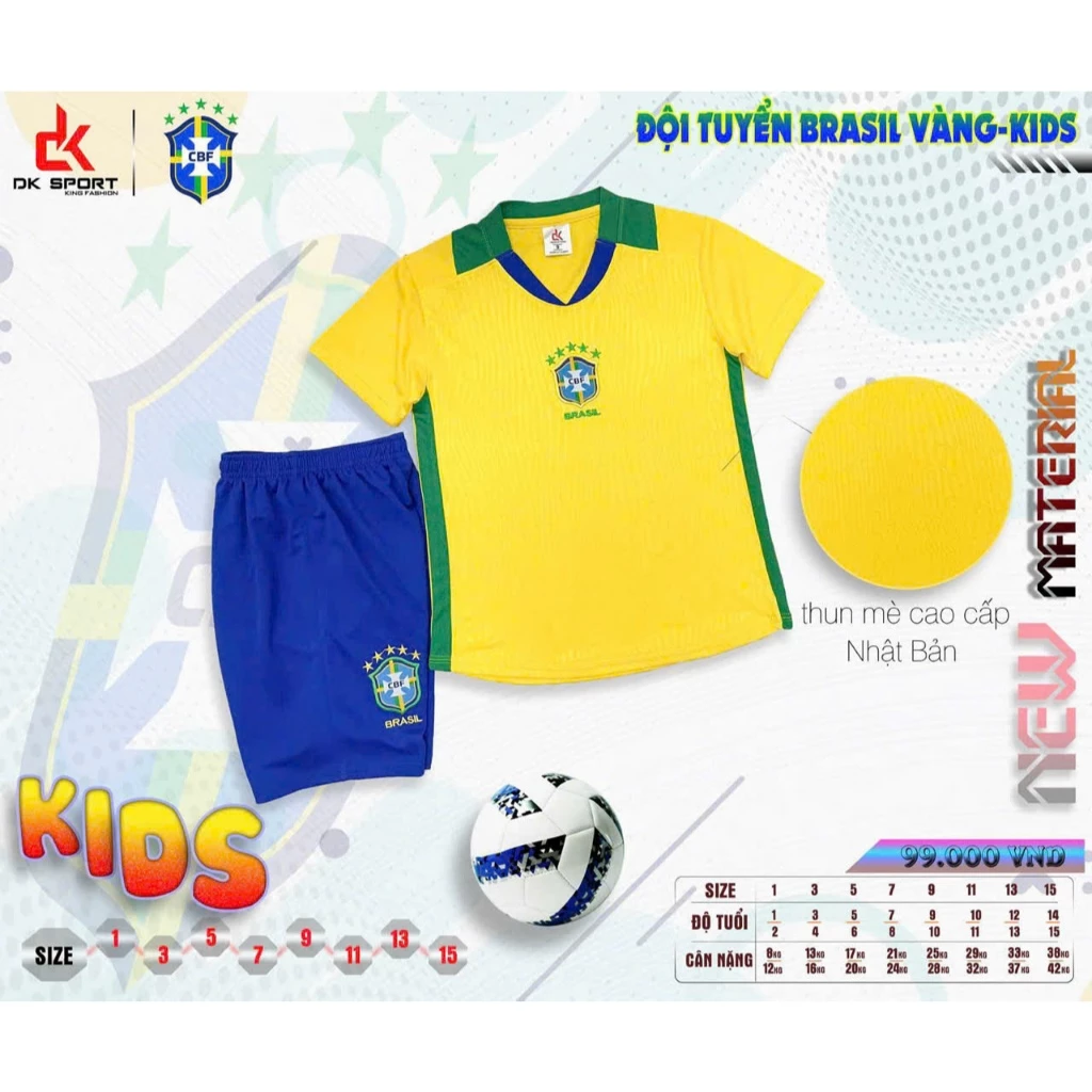 Bộ Quần Áo Đá Banh Brasil Vàng Trẻ Em (Nhận In Tên Số) Thun Mè Cao Cấp Logo Thêu Kids Top Sport