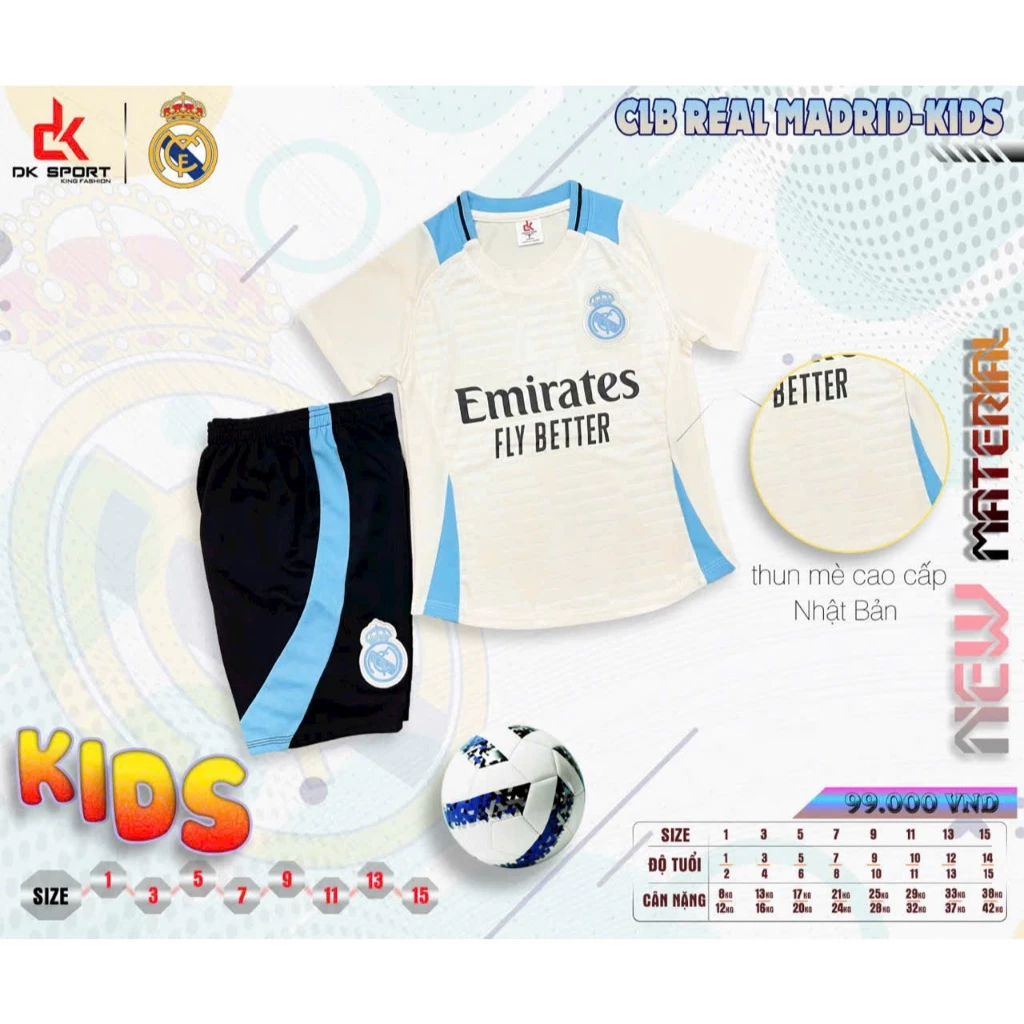 Bộ Quần Áo Đá Banh Real Kem Trẻ Em (Nhận In Tên Số) Thun Mè Cao Cấp Logo Thêu Kids Top Sport