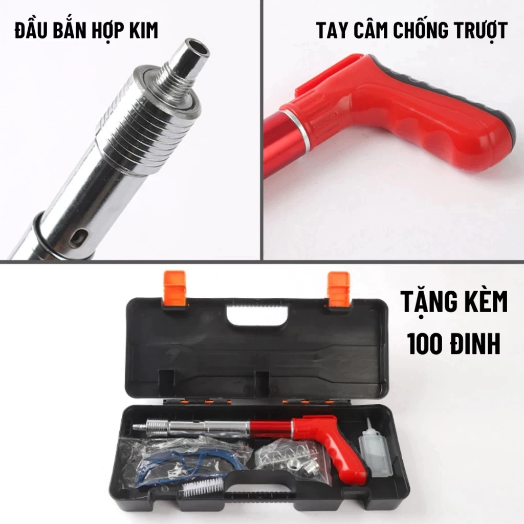 Máy Bắn Đinh Hạt Nổ, Bắn Đinh Bê Tông TẶNG KÈM 100 ĐINH, Đóng Đinh Dễ Dàng, Bộ Giảm Thanh Đôi.