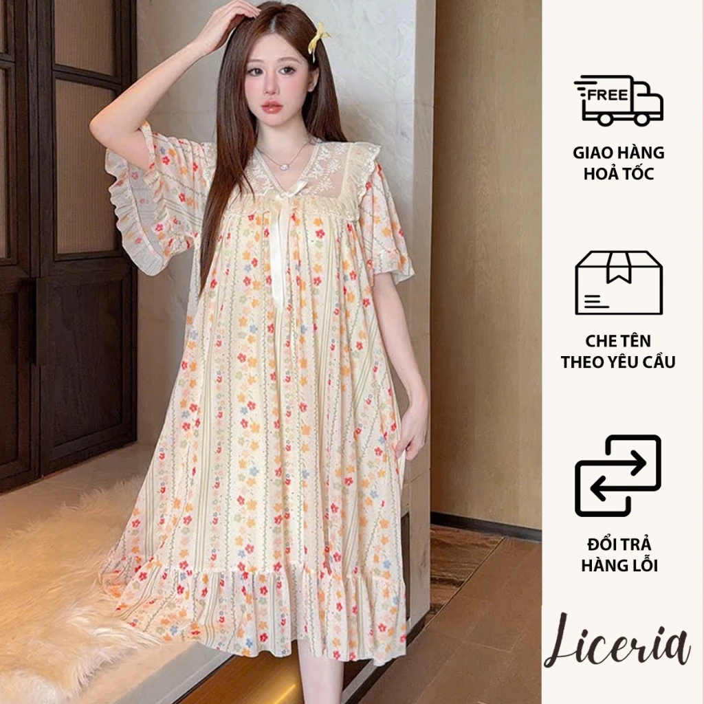 Đầm Ngủ LICERIA 5330 Phong Cách Cung Điện Kiểu Pháp Hoạ Tiết Hoa Lưới Có Đệm Ngực Chất Voan Lưới Mặc Nhẹ Mát.